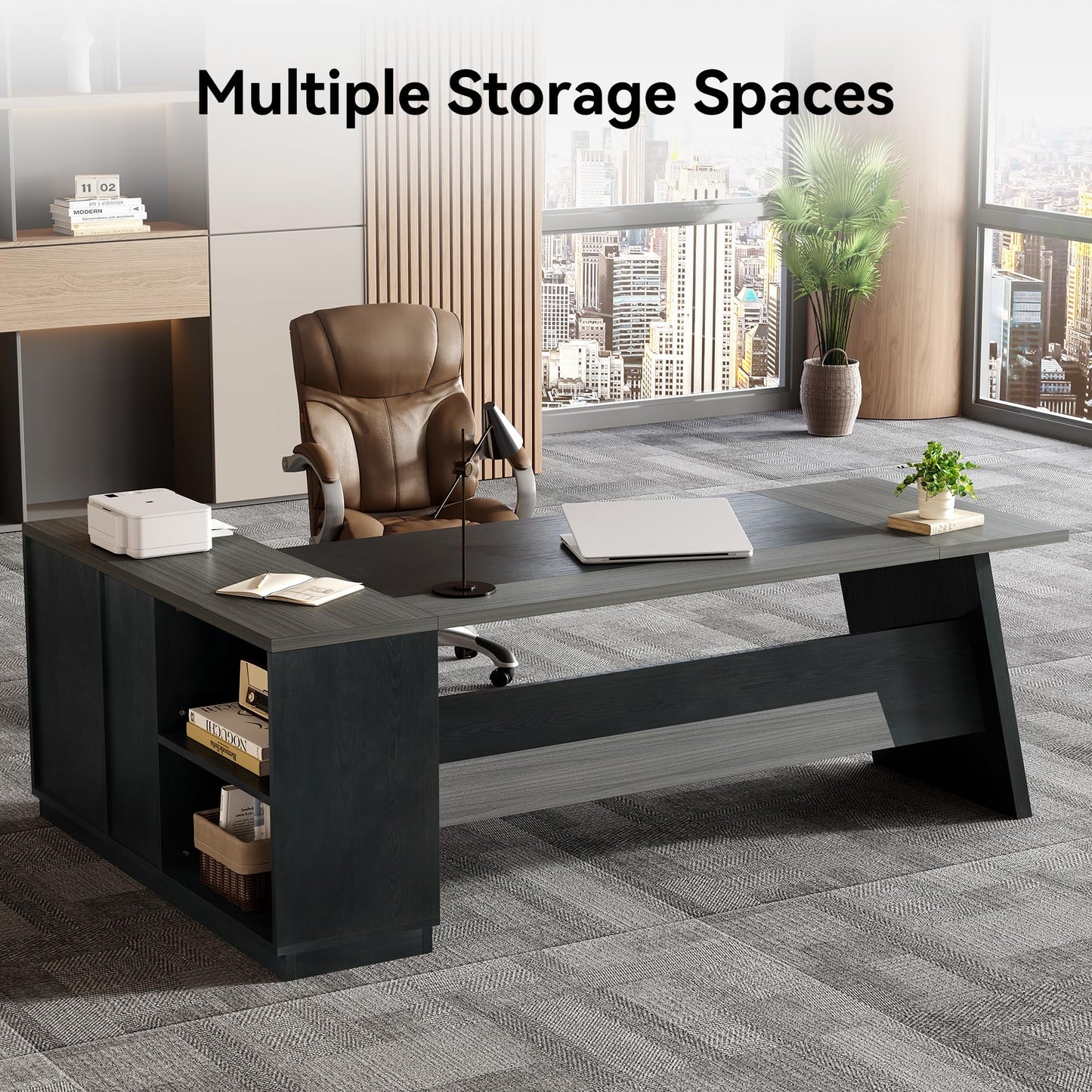 LITTLE TREE 78-Inch Executive Office Desk with File Cabinet, Large Modern Corner Office Desk for Home Office, 3-Drawer Wood File Cabinet, Spacious Workstation for Home Office (Grey & Black)