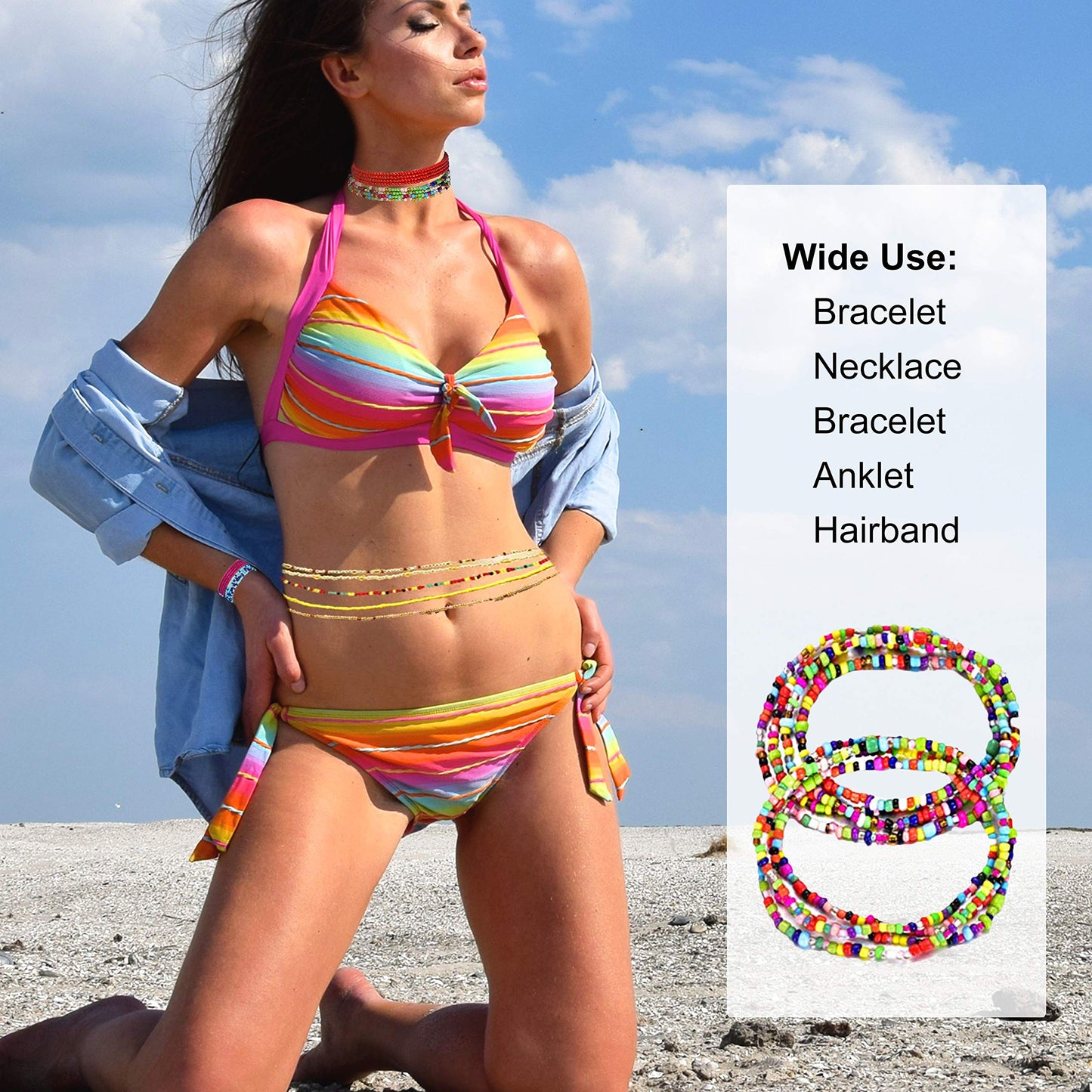 Waist Beads for Women Bulk Colorful Beaded Body Chain Elastic String Waist Chain Beach Bikini Belly Chains Summer Y2k Jewelry for Women 24 Pieces