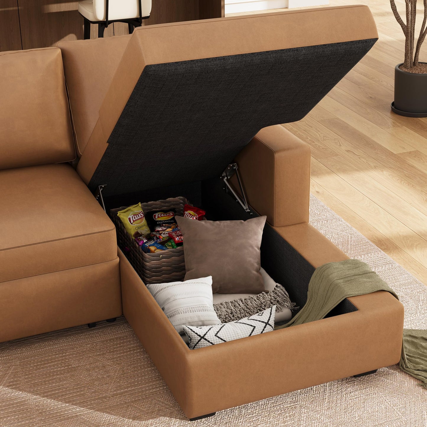 HONBAY Sleeper Sectional Couch with Pull-Out Bed Sectional Sleeper Sofa Pull Out Bed with Storage Chaise, 6 Seaters Couch for Living Room, Faux Leather Brown