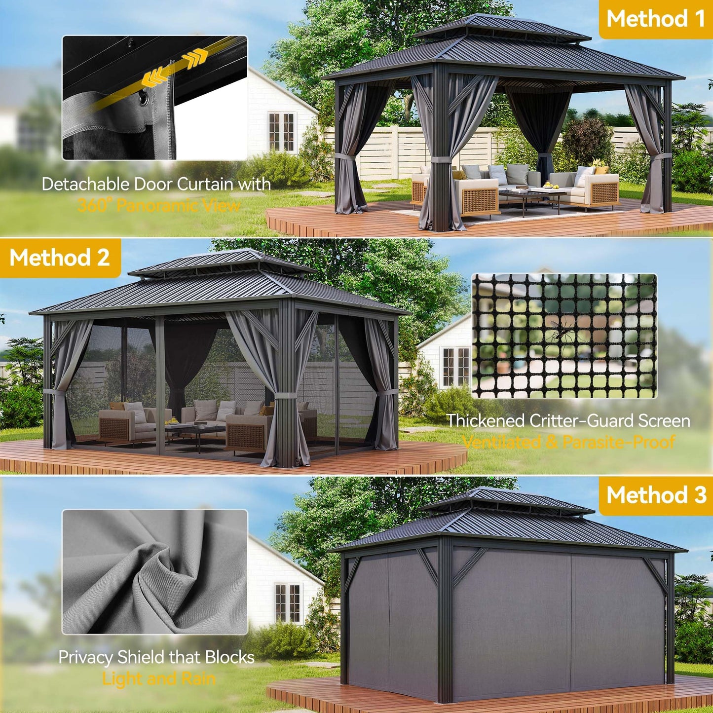 DWVO Hardtop Gazebo with Nettings and Curtains, Heavy Duty Galvanized Steel Outdoor Vertical Stripes Roof for Patio, Backyard, Deck, Lawns, Gray, 16x12ft