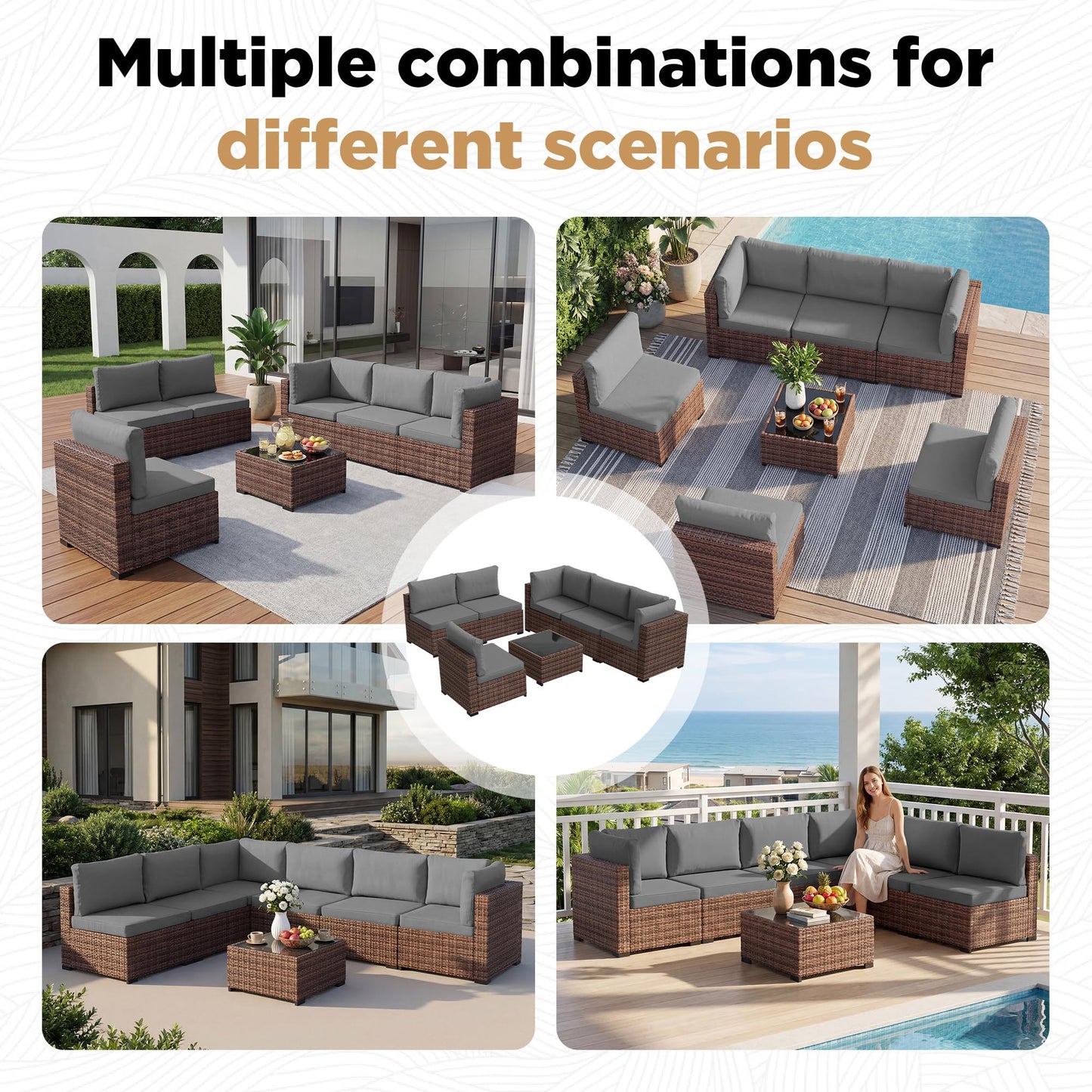 LHBcraft 7 Pieces Outdoor Wicker Rattan Patio Furniture with Rain Cover, Wicker Rattan Outdoor Sectional Sofa Set with Coffee Table & Gery Cushions for Garden, Poolside