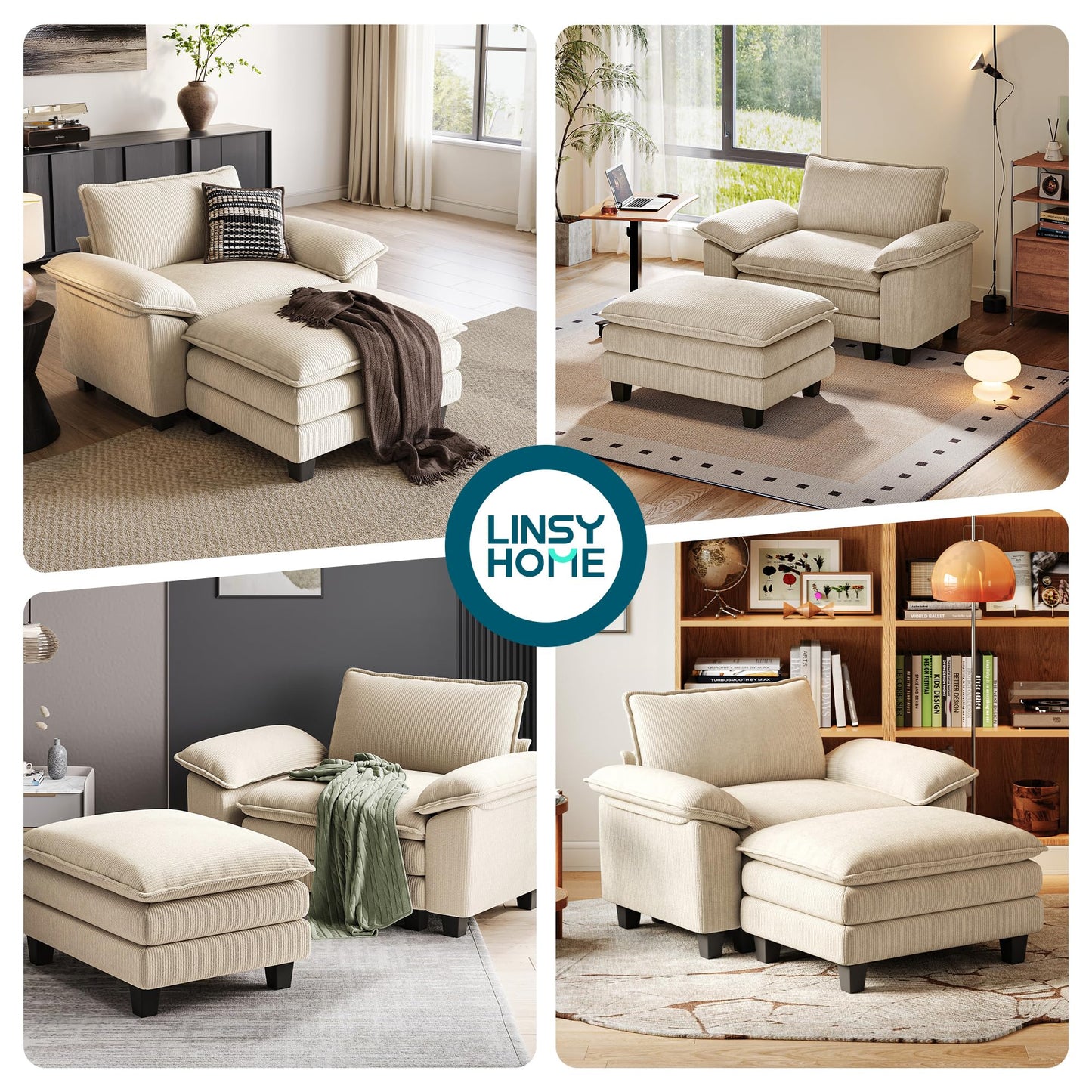 LINSY HOME Cloud Sofa Accent Chair with Ottoman Chaise Lounge Chair Indoor, Corduroy Couch Sofa Chair for Living Room Apartment Bedroom Office, Beige
