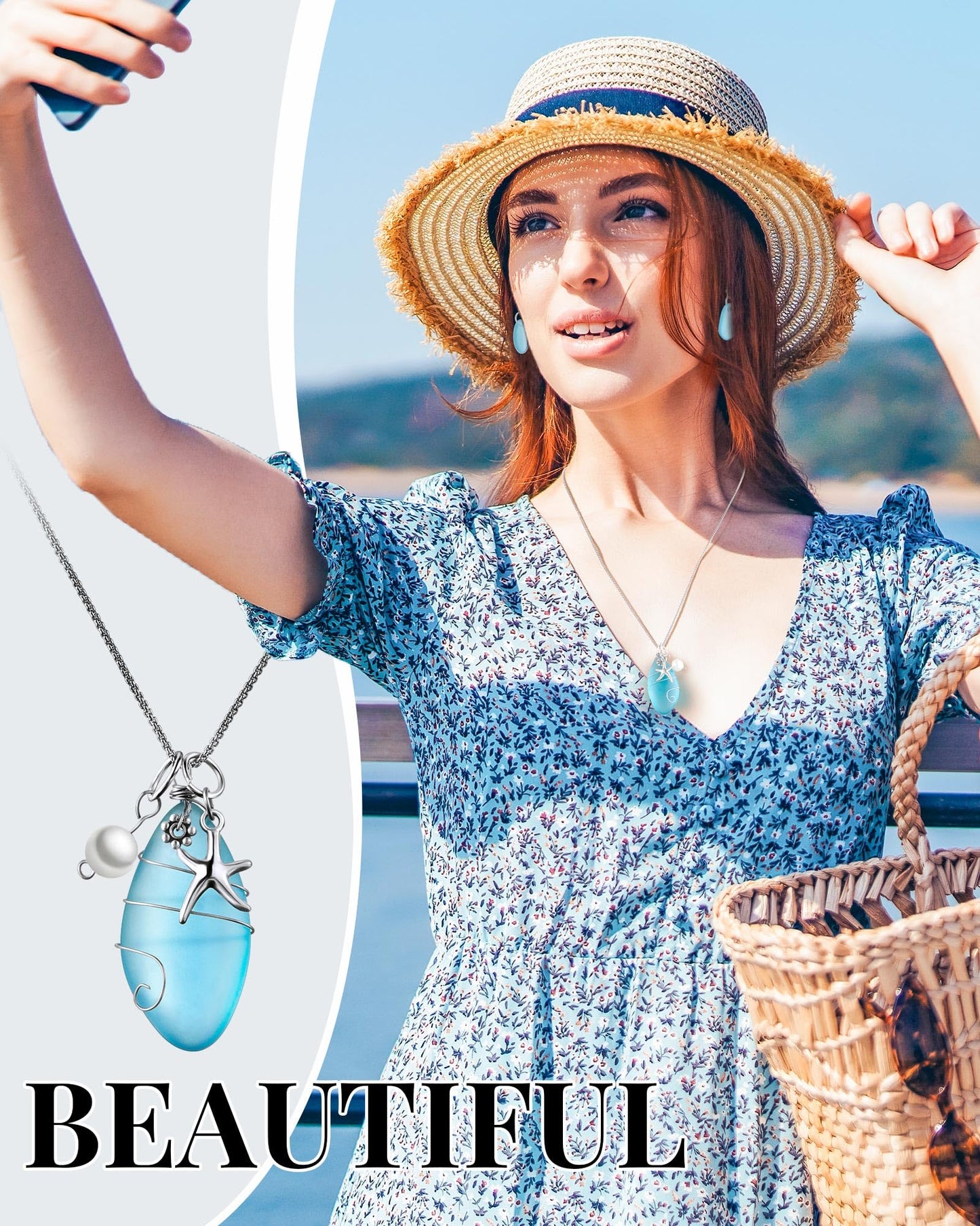 Yinkin 2 Pcs Sea Glass Jewelry Necklace Earrings Sea Glass Gift Set Starfish Ocean Beach Themed Necklace Blue Freshwater Pearls Earring Handmade Jewelry with Gift Box for Women Girls