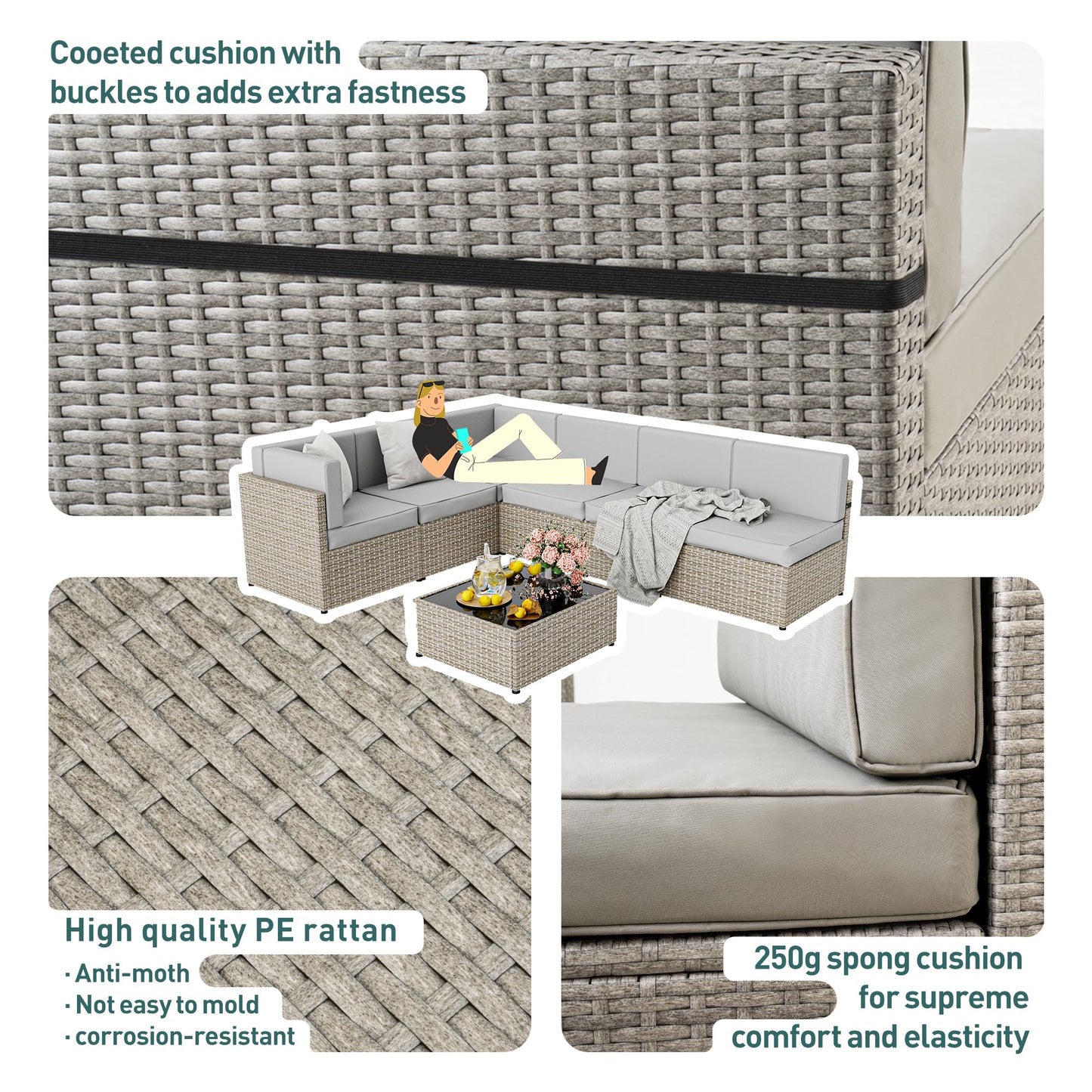 Pamapic 7-Piece Outdoor Sectional Furniture Set, All-Weather Wicker Patio Sofa with Washable Cushions, Gray Waterproof Rattan Conversation Set for Backyard, Poolside, Garden (Gray Cushions)