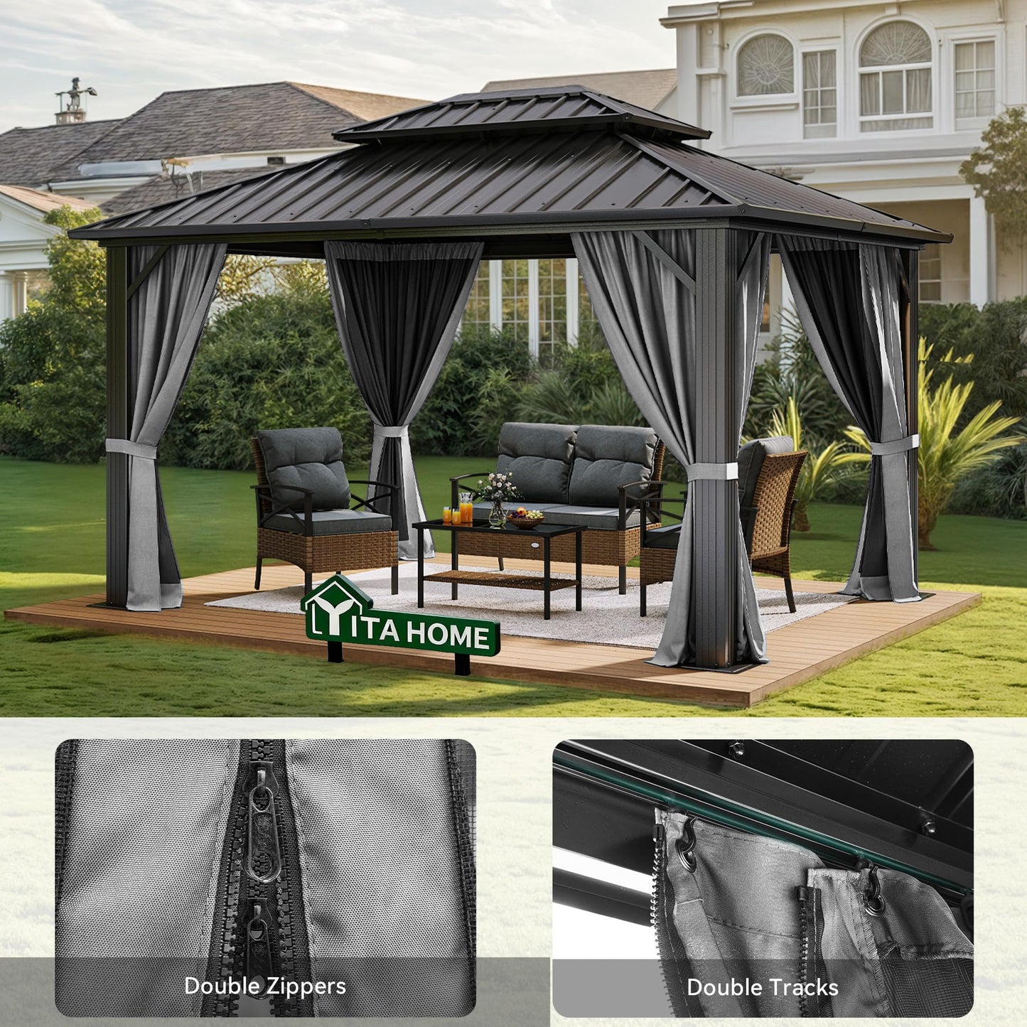 YITAHOME 10X12FT Hard Top Metal Gazebo Patios Double Roof Canopy Aluminum Frame Garden Gazebo Tent Curtains Netting for Patios Backyards Decks Lawns Gray