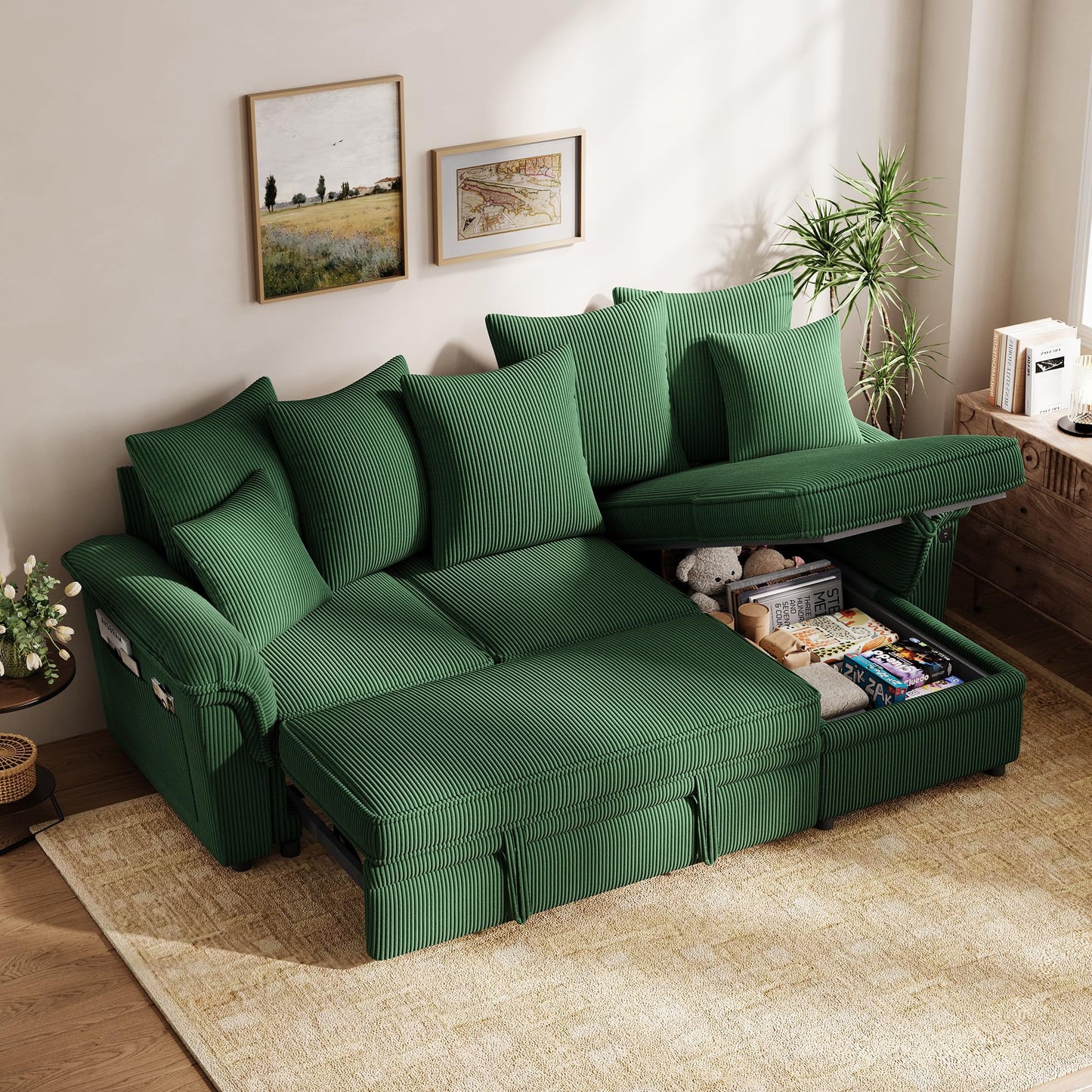 LINSY HOME 90.5'' Sectional Sleeper Sofa with Pull Out Couch Bed Modular (Green, 90.5'')