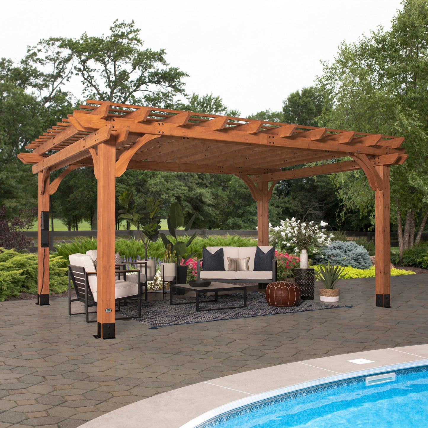 Backyard Discovery Beaumont 16' x 12' Traditional Cedar Wood Pergola Kit with Trellis Roof, All-Season Durability, High-Wind Rating, PowerPort, Shade for Outdoor Patio, Deck, Garden, and Entertaining