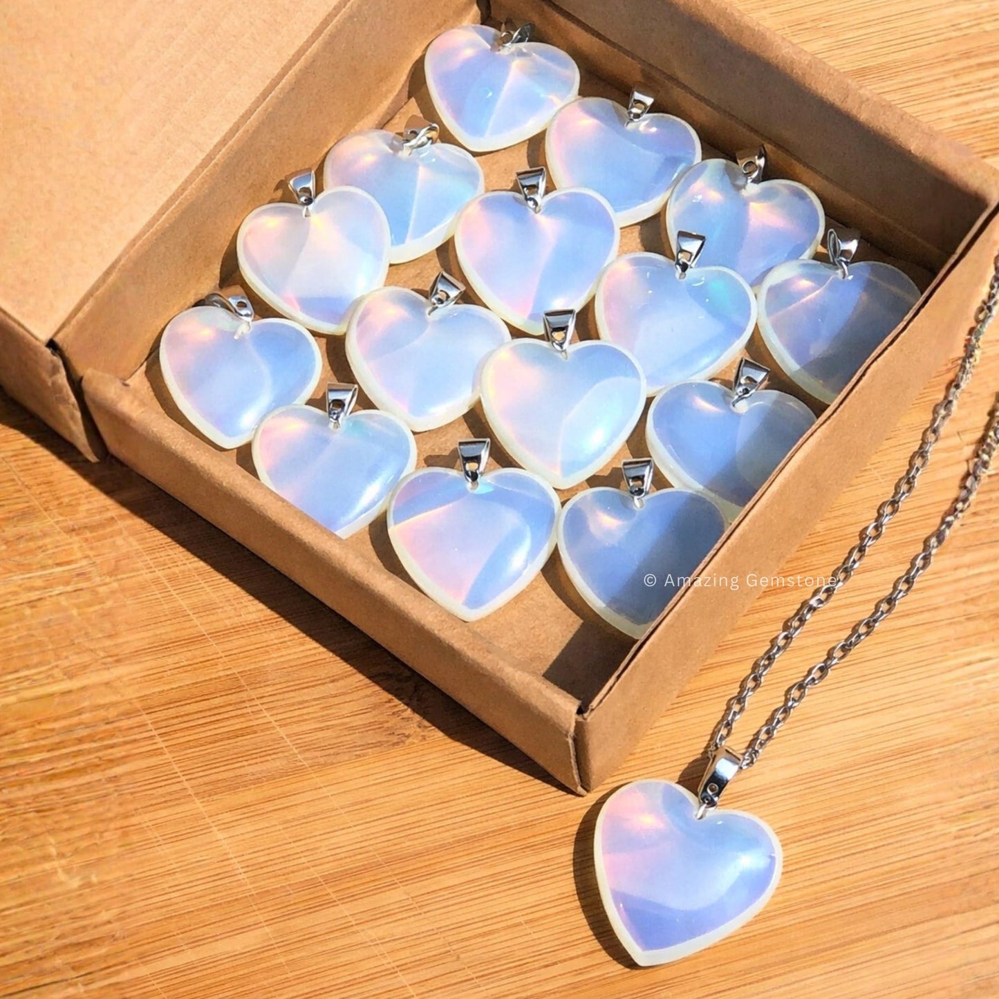 Opalite Neck lace - Healing Crystal Neck lace with Opalite Heart by Taylor - Elegant Jewelry for Energy Balance and Spiritual Healing - Gift for Women on Mothers Day, Christmas, Valentine (Flat Heart)
