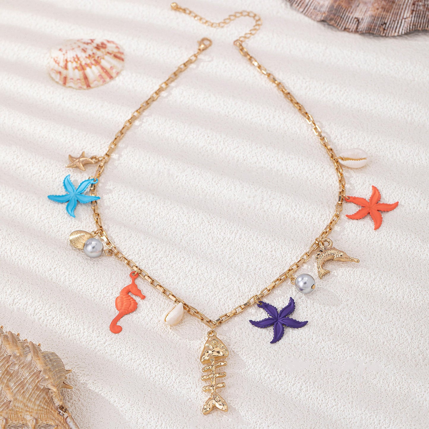 Gold Fish Charm Necklace for Women Shell Starfish Dolphin Seahorse Fishbone Pearl Seashell Pendant Necklace Fashion Trendy Chic Ocean Beach Summer Holiday Jewelry (Multicolour)