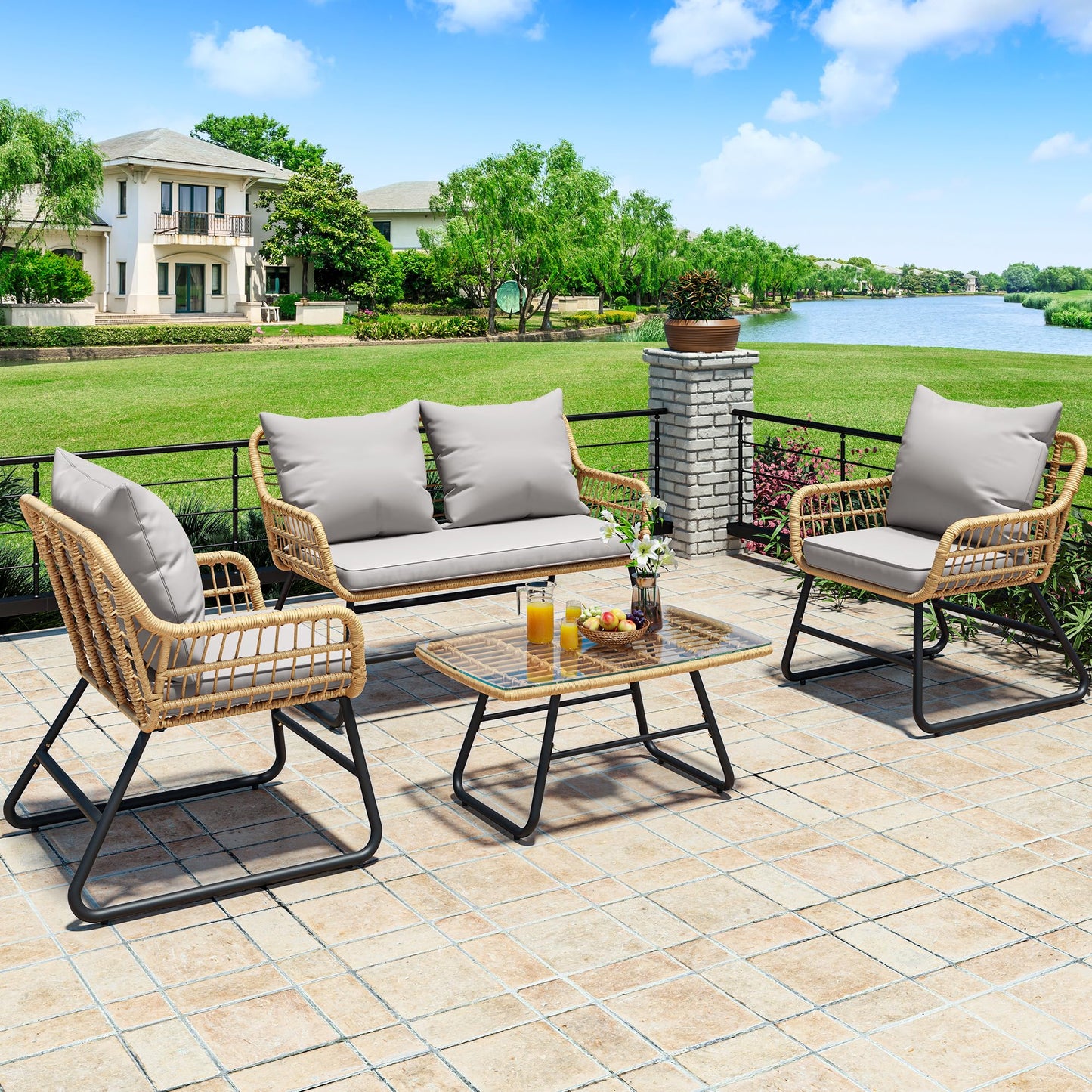 YITAHOME 4 Piece Patio Furniture Set, Outdoor Wicker Furniture Set with Removable Cushion, Rattan Patio Loveseat Set for Garden, Backyard, and Deck,Armchairs, Glass Side Table, Light Gray & Beige