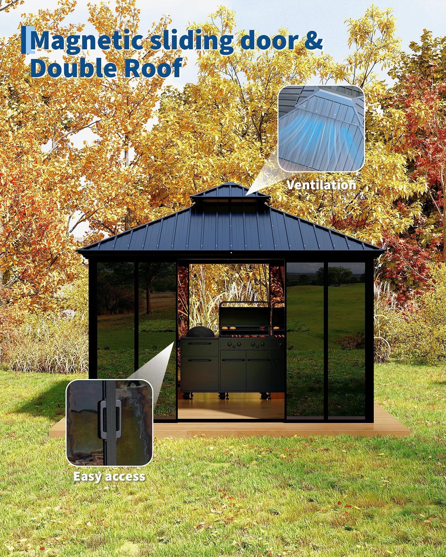 GarveeLife 12x12 ft Sunroom Hardtop Gazebo, Enclosed Gazebo with Floor-to-Ceiling Sliding Doors, All-Aluminum Alloy Frame, Screen Outdoor Room Solarium for Backyard, Patio, and Deck