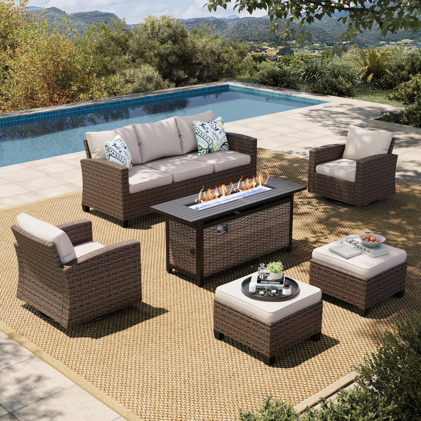 HERA'S HOUSE Swivel Glide Patio Furniture Set with 56" Fire Pit Table, 6 Pieces Outdoor Wicker Sectional Conversation Sofa Sets for Lawn Backyard Deck, Beige