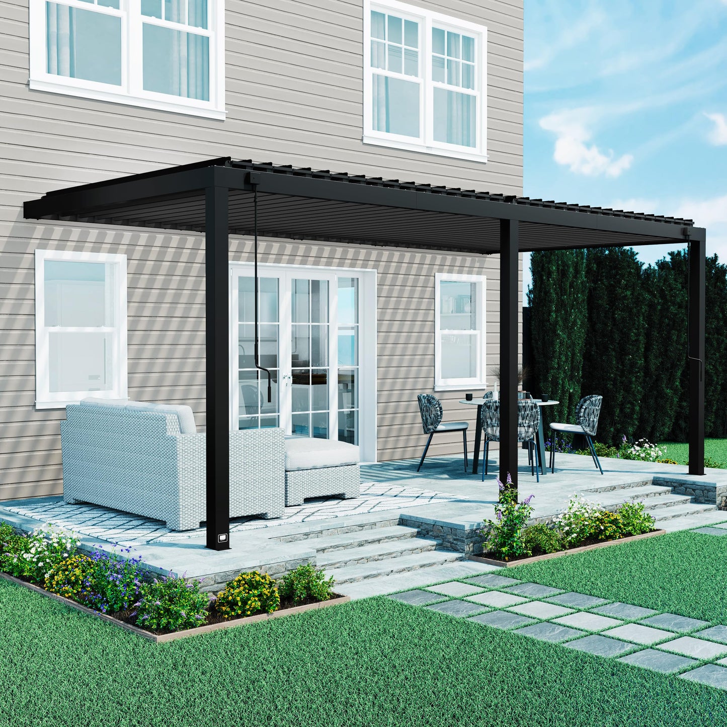 Backyard Discovery Evanston 20'x10' Galvanized Steel Wall-Mounted Louvered Pergola Kit with Adjustable Roof, Shade, Rain Protection, High-Wind Rating, PowerPort, Gutter System for Outdoor Patio, Deck