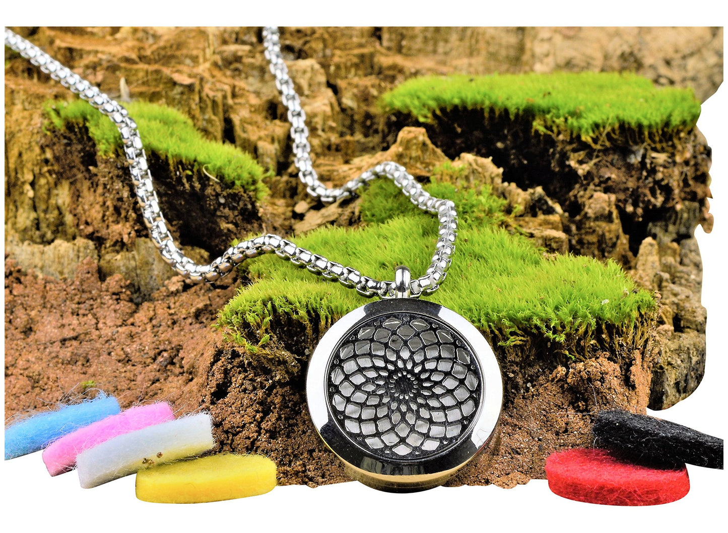 Wild Essentials Sun Mandala Essential Oil Diffuser Necklace, Stainless Steel Locket Pendant with 24 inch Chain, 12 Color Refill Pads, Customizable Color Changing Perfume Jewelry for Aromatherapy