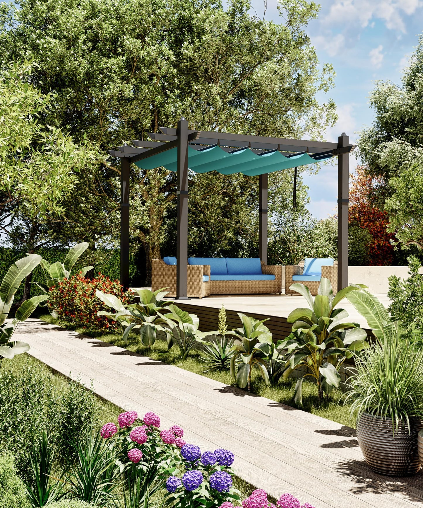 GarveeTech 10x10 ft Pergola Gazebo with Adjustable Canopy, Heavy-Duty Aluminum Sun Shelter with Faux Wood Finish for Outdoor Patio, Deck & Garden, Blue+White