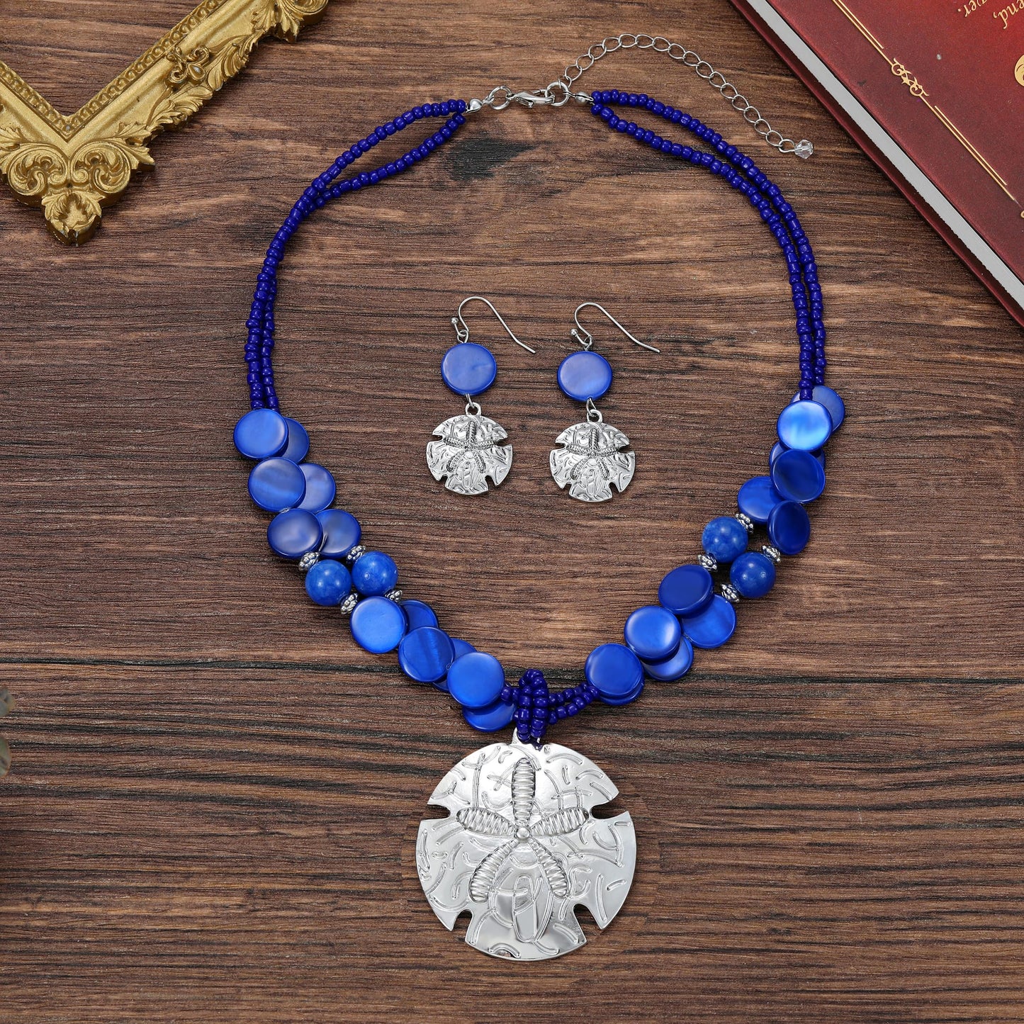 Perla Boho Starfish Necklace for Women, Chunky Layered Shell Beads Choker Necklace and Earrings Set, Ocean-Themed Summer Beach Jewelry (Blue)