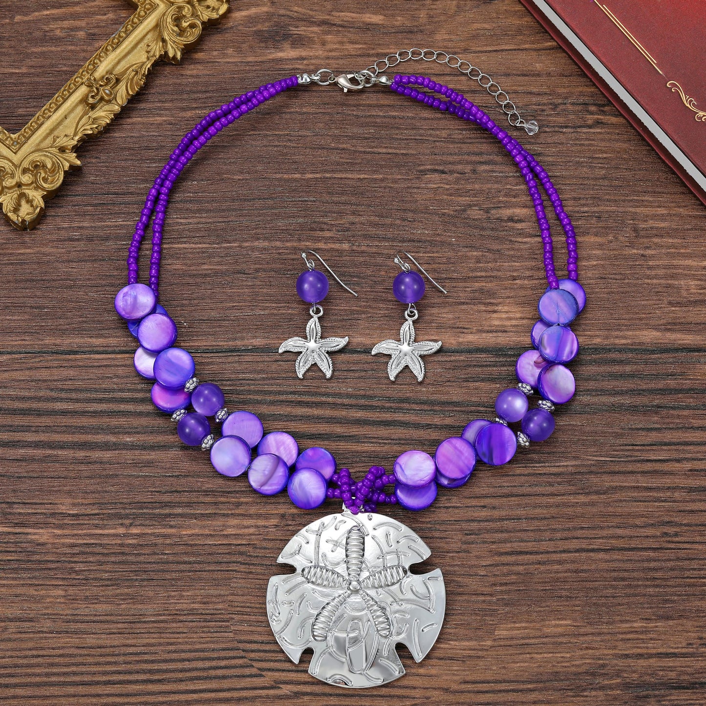 Perla Boho Starfish Necklace for Women, Chunky Layered Shell Beads Choker Necklace and Earrings Set, Ocean-Themed Summer Beach Jewelry (Purple)