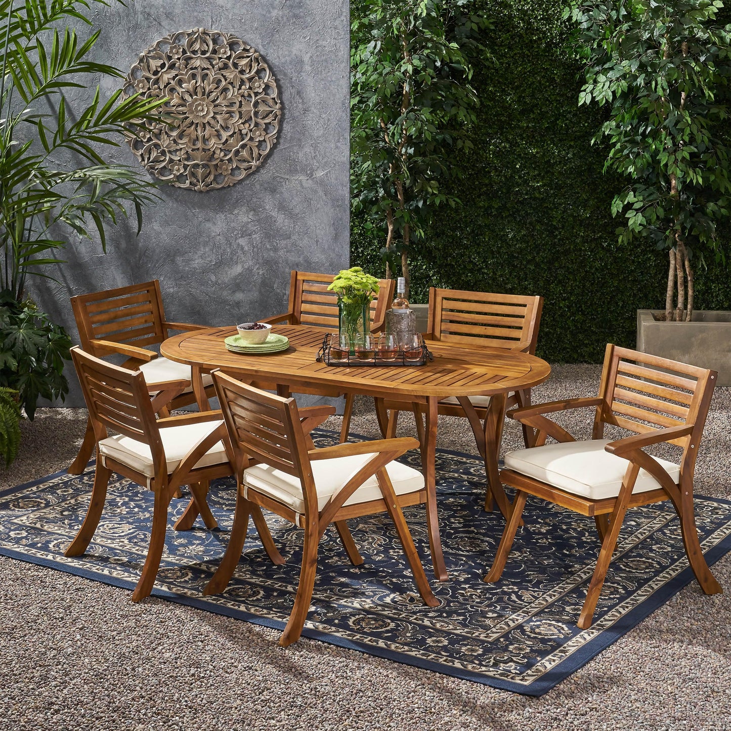 Christopher Knight Home Outdoor 6 Seater Acacia Wood Oval Dining Set with Cushions, Teak and Cream