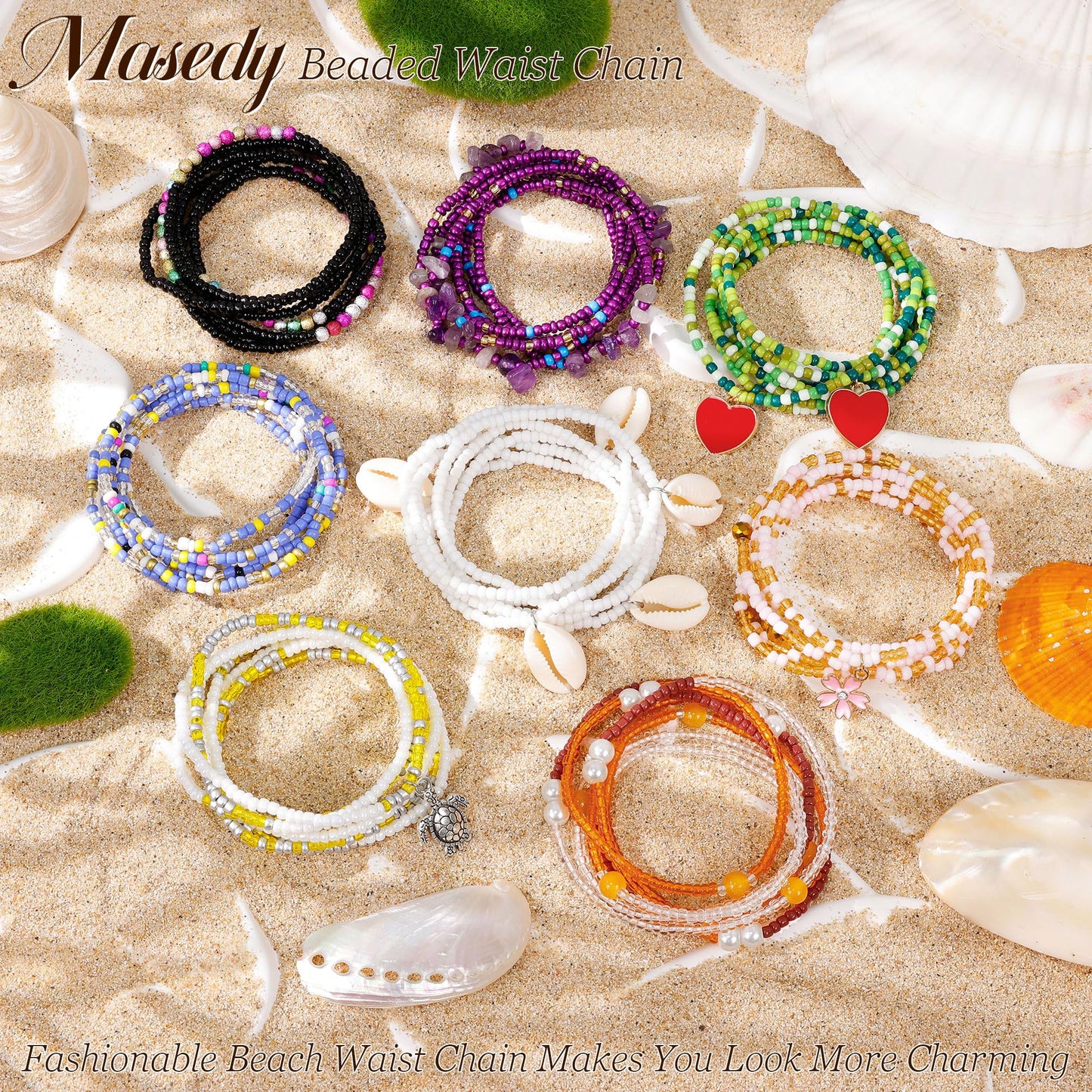 Masedy 8PCS African Waist Bead Chains for Women Layered Belly Body Chain Handmade Plus Size Beaded Belly Chain Colorful Elastic Flower Butterfly Body Chains Summer Beach Bikini Body Jewelry 45in B