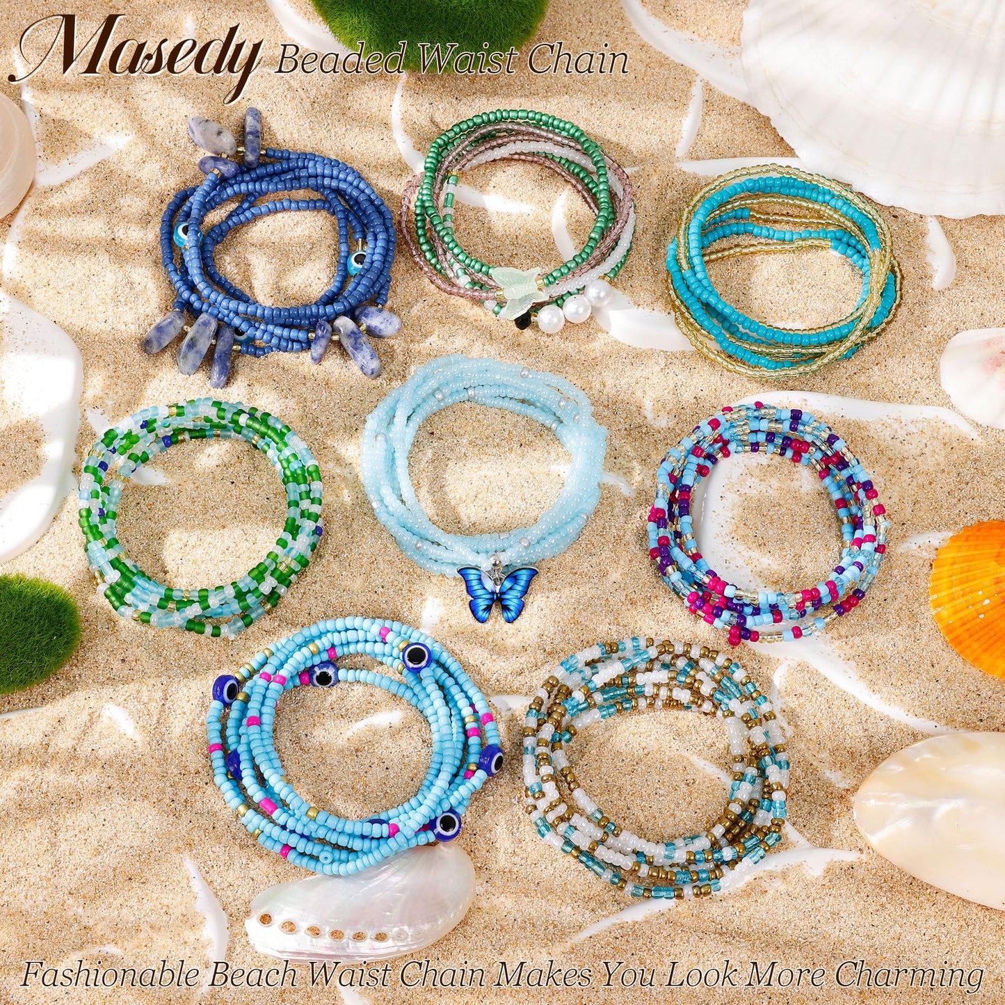 Masedy 8PCS African Waist Bead Chains for Women Layered Belly Body Chain Handmade Plus Size Beaded Belly Chain Colorful Elastic Flower Butterfly Body Chains Summer Beach Bikini Body Jewelry 31in C