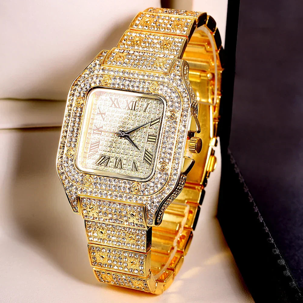 Gold Cuban Chain Watch Set