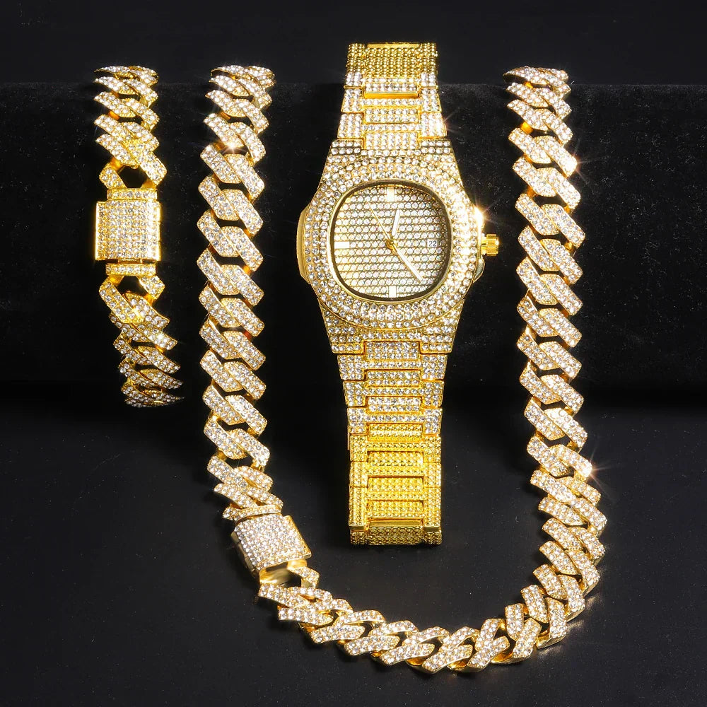 Gold Cuban Chain Watch Set